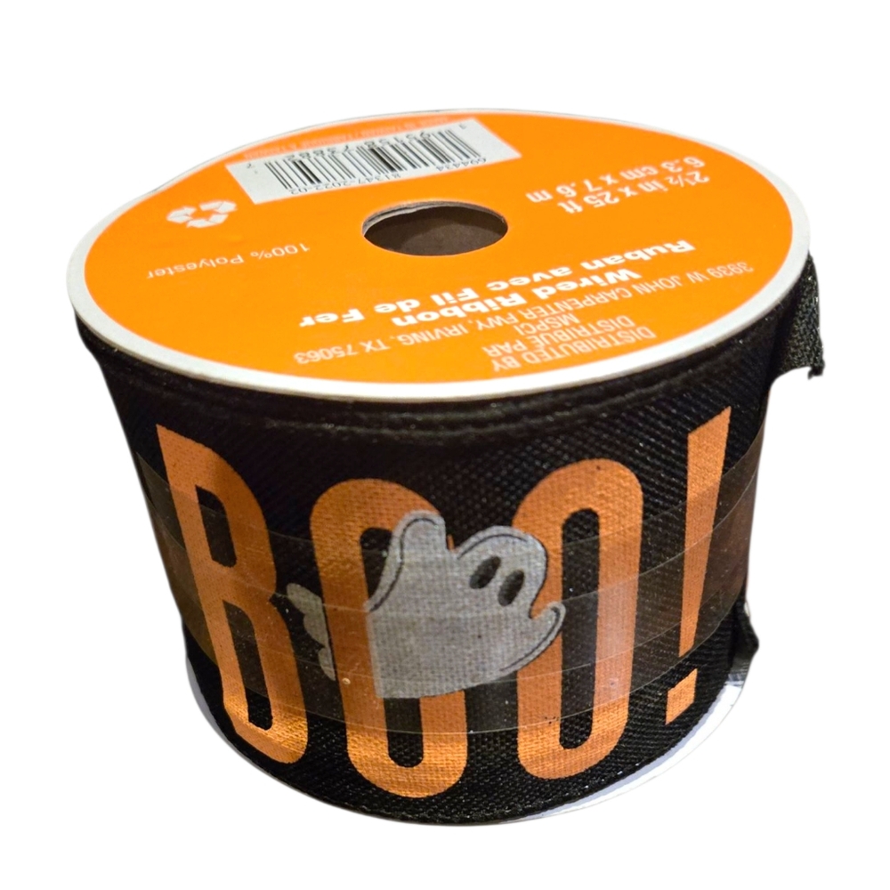 Halloween Celebrate It Wide Black Ribbon W/Orange Boo White Ghost Wired Edge NEW